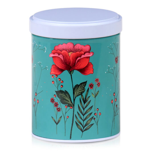 Boite à thé illustrée avec une grande fleur rouge