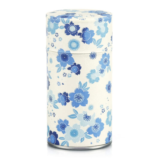 Boite à thé washi de 80g blanche avec des fleurs bleues