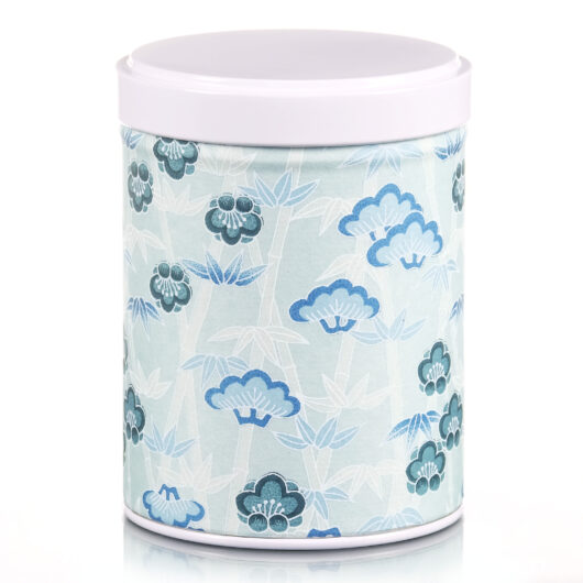 Boite a thé empilable washi bleu clair avec fleurs stylisées bleues