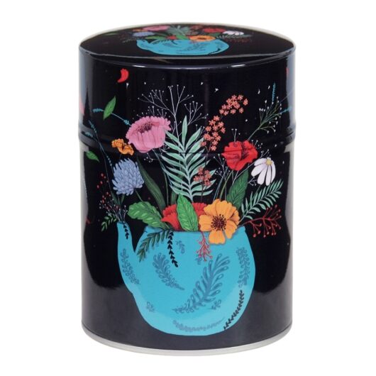 Boite à thé NOIR AVEC DESSIN VASE BLEU ET FLEURS