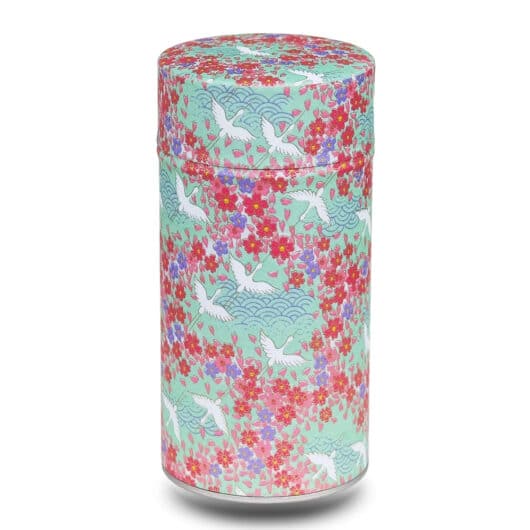 grande boite a the washi turquoise et rouge avec grues blanches