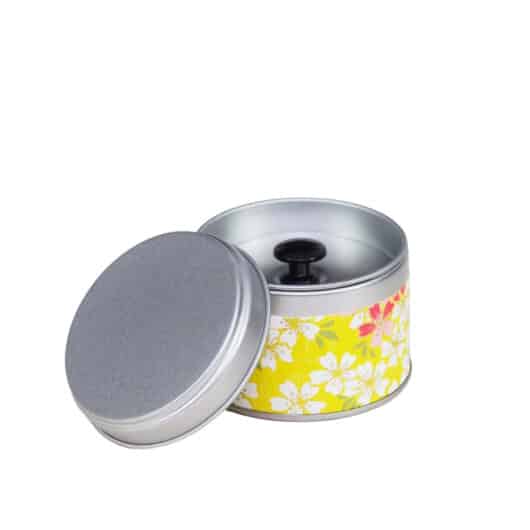 small metal travel tea box covered with washi paper - open