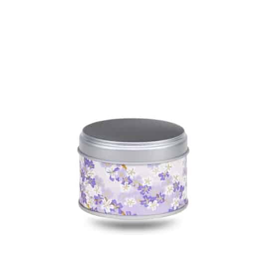 Petite boite a the en metal recouverte de papier washi mauve avec fleurs violettes et blanches