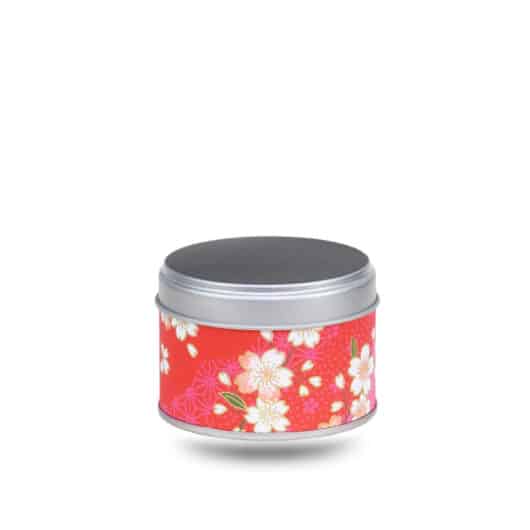 Petite boite a the en metal recouverte de papier washi rouge avec fleurs blanches