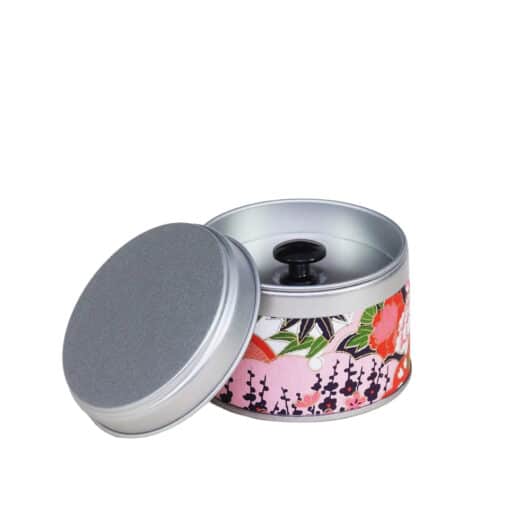 small metal travel tea box covered with washi paper - open