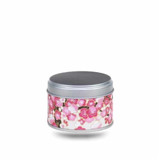 Petite boite a the en metal recouverte de papier washi beige avec des fleurs de cerisiers roses