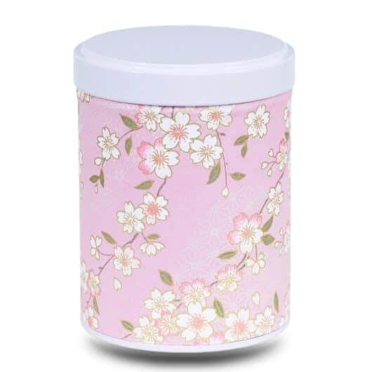 Boite a thé en papier washi rose avec fleurs de cerisiers blanches