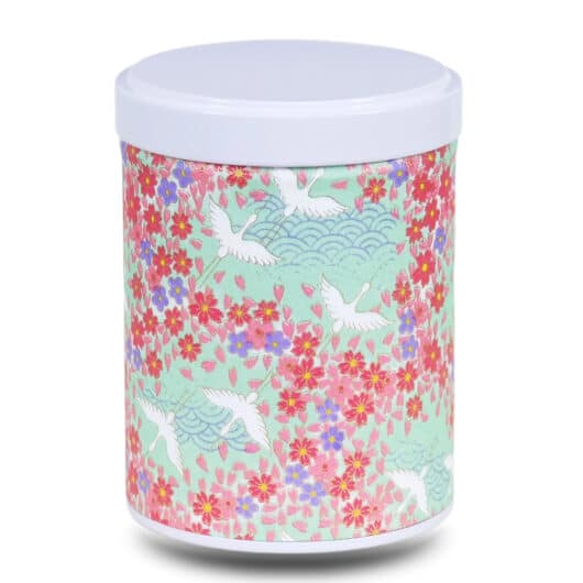 Turquoise washi paper tea box with pink and red flowers and white cranes