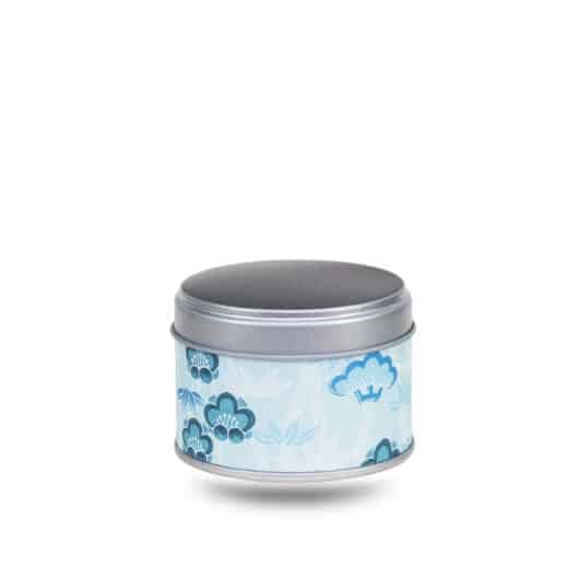 Petite boite a the en metal recouverte de papier washi bleu claire