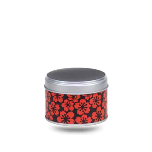 Petite boite a the en metal recouverte de papier washi noir avec fleur rouge