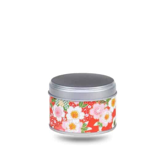 Petite boite a the en metal recouverte de papier washi rouge avec grosses fleurs