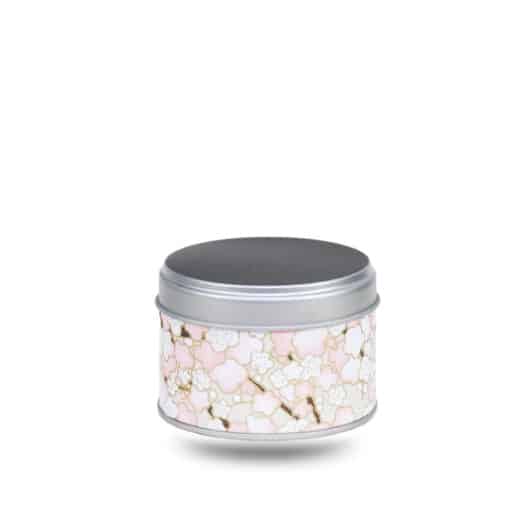 Petite boite a the en metal recouverte de papier washi beige avec fleurs blanche et rose