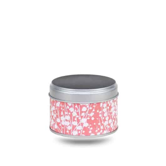 Petite boite a the en metal recouverte de papier washi rouge avec fleurs de cerisier blanches