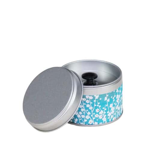 small metal travel tea box covered with washi paper - open