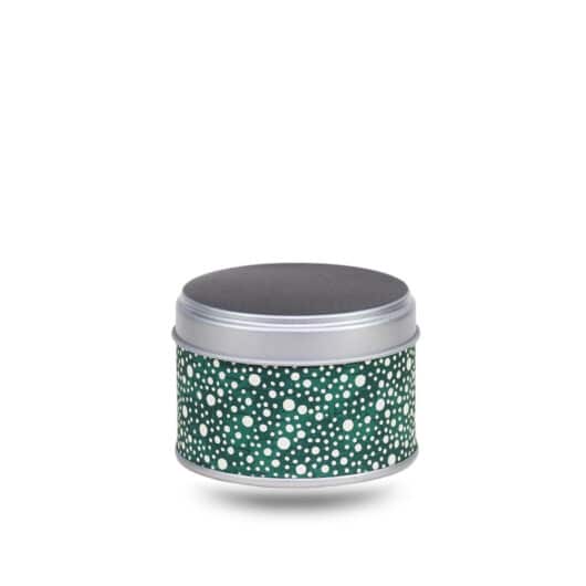 Petite boite a the en metal recouverte de papier washi vert avec points beige